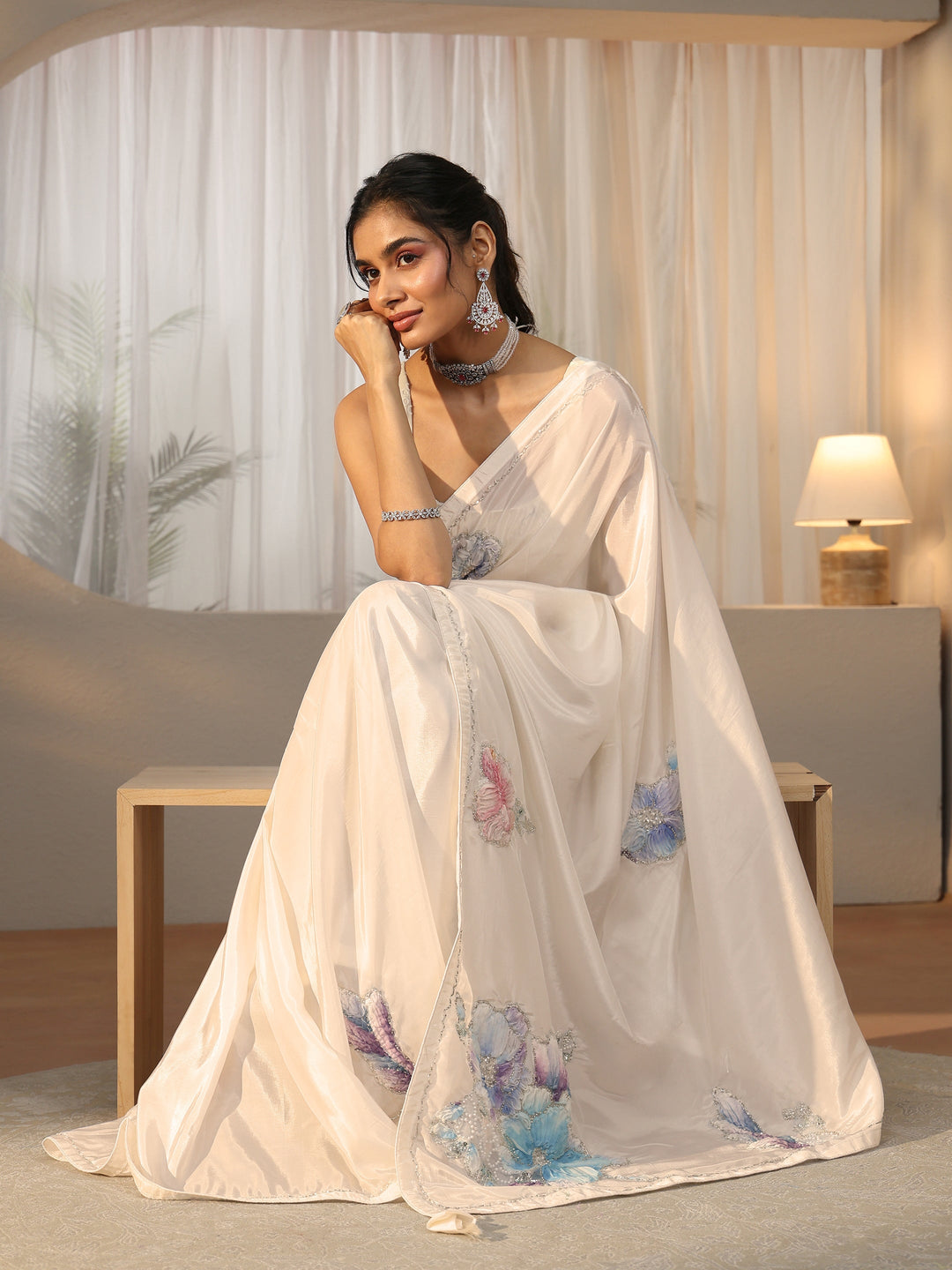 Libas Cream Floral Applique Design Satin Saree