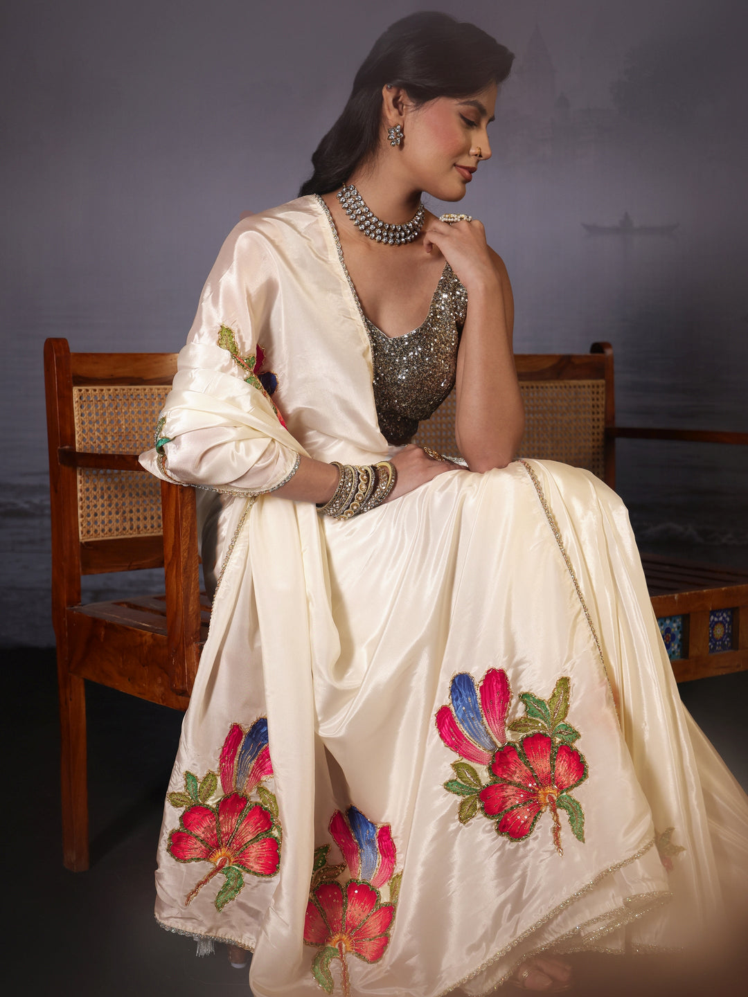 Libas Cream Floral Applique Embellished Satin Saree