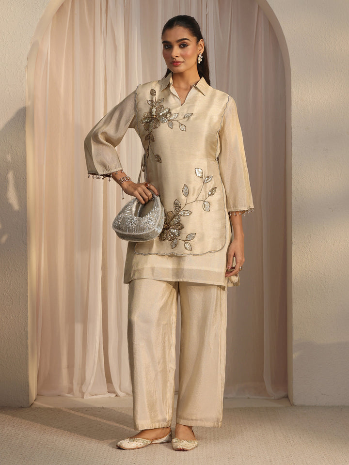 Libas Cream Floral Embellished Tissue Bib Style Co-Ord Set