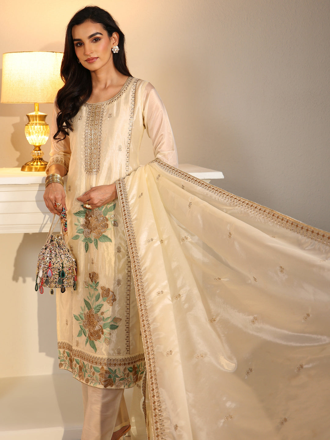 Libas Cream Floral Embroiderd Organza Straight Suit Set