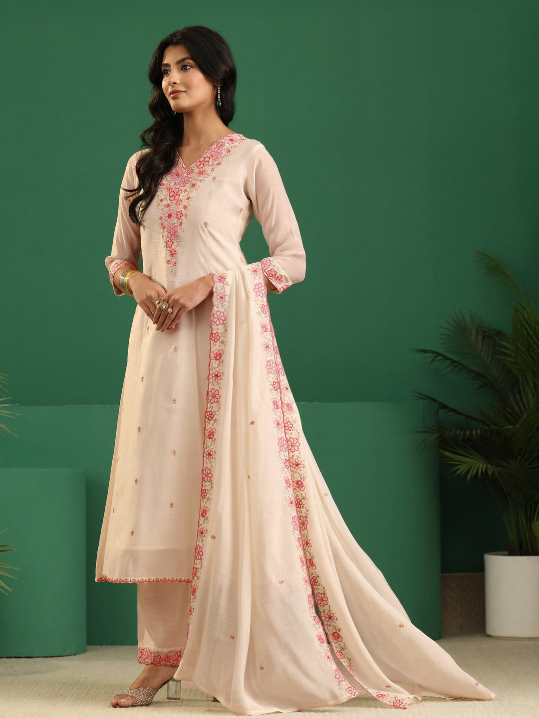 Libas Cream Floral Embroidered Chanderi Cotton A-Line Suit Set