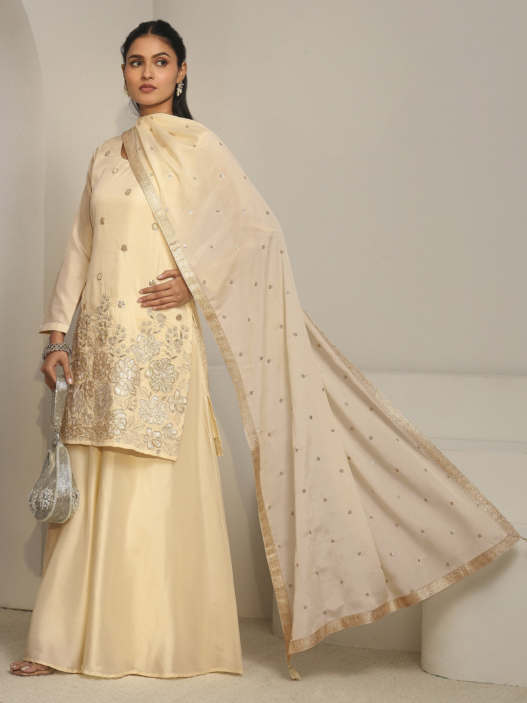 Libas Cream Floral Embroidered Silk Blend Palazzo Suit Set