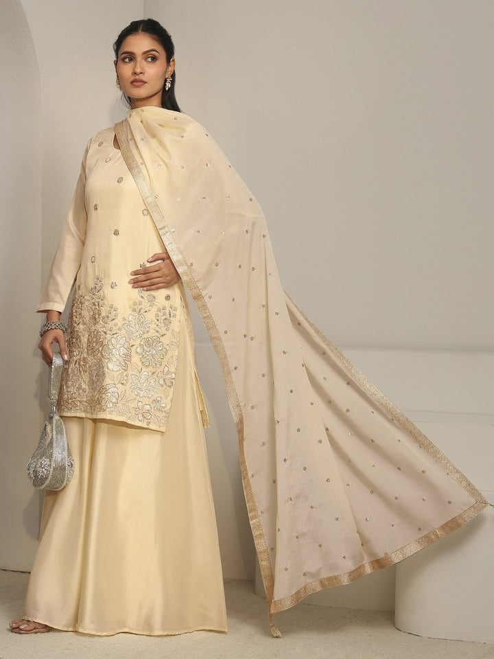 Libas Cream Floral Embroidered Silk Blend Palazzo Suit Set