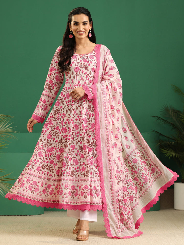 Libas Cream Floral Printed Cotton Anarkali Suit Set
