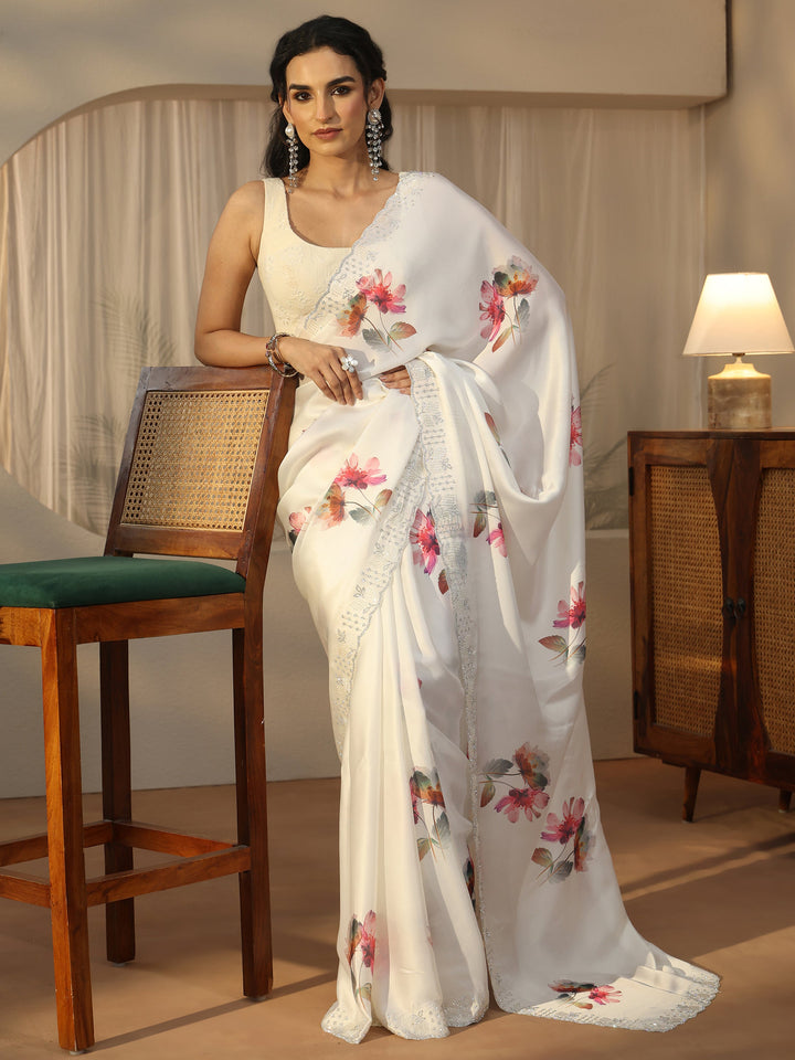 Libas Cream Floral Printed Satin Saree with Embellished Border