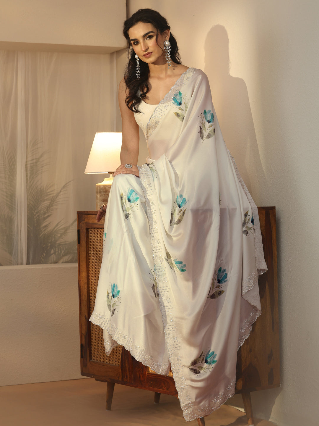 Libas Cream Floral Printed Satin Saree with Embellished Border