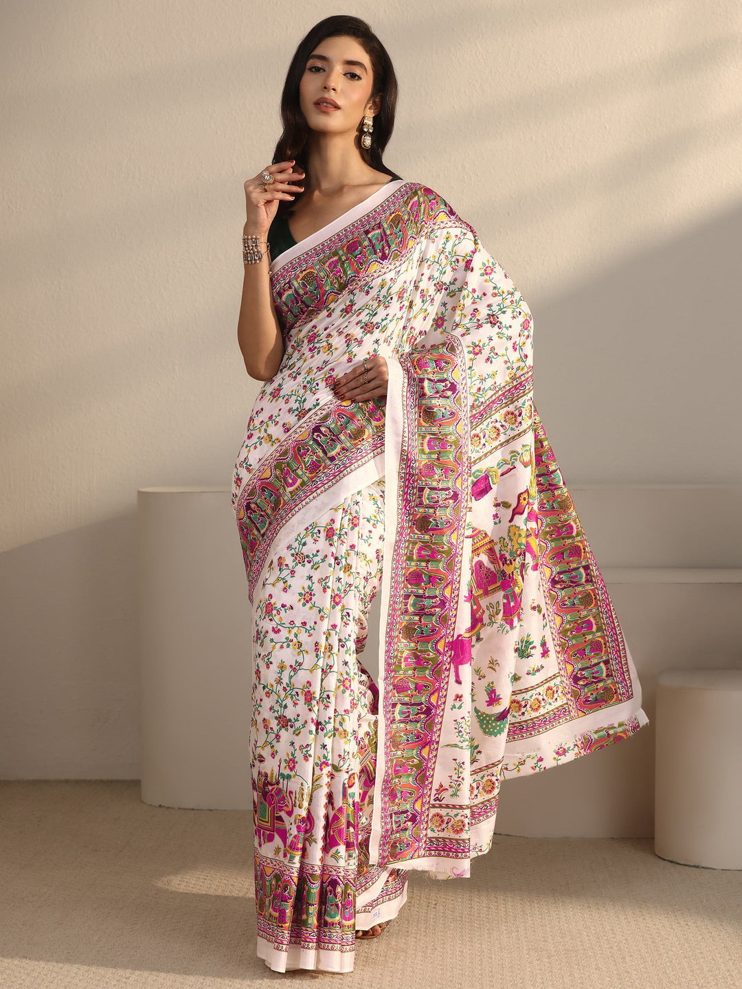 Libas Cream Floral Printed Silk Blend Saree with Mughal Border