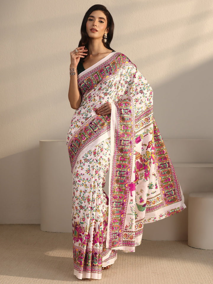 Libas Cream Floral Printed Silk Blend Saree with Mughal Border