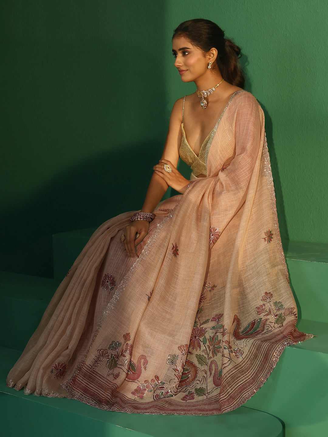 Libas Cream Floral Stone Work Embellished Cotton Blend Saree