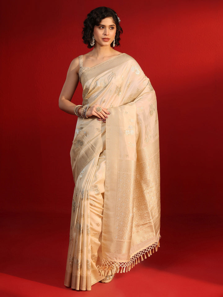 Libas Cream Floral Woven Design Silk Blend Tassel Saree
