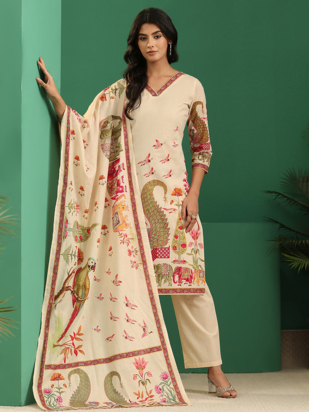 Libas Cream Heritage Print Cotton Straight Suit Set