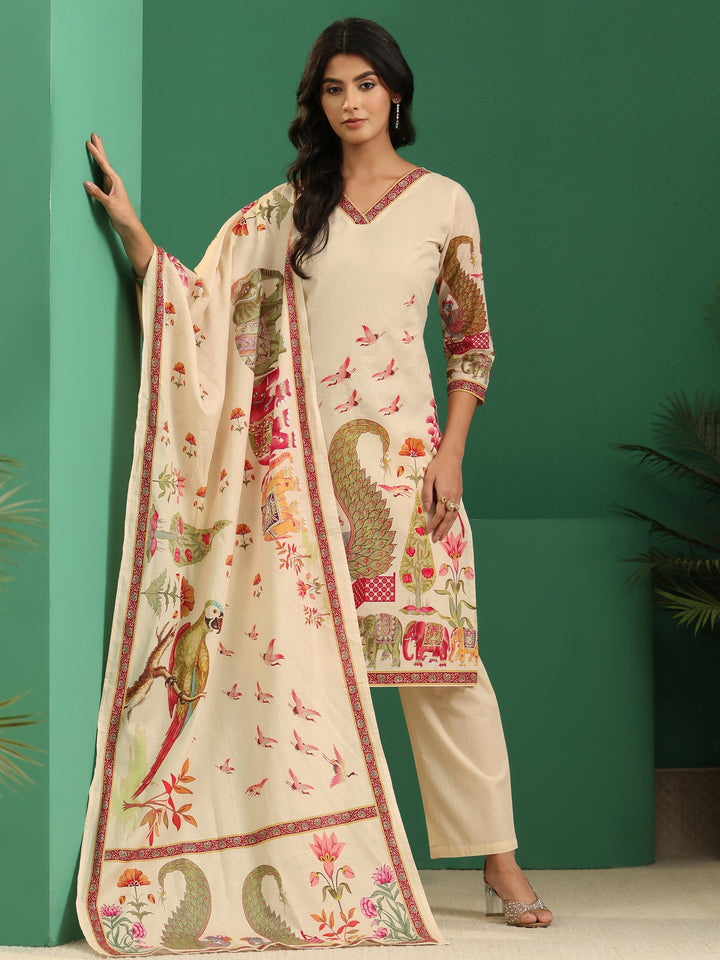 Libas Cream Heritage Print Cotton Straight Suit Set