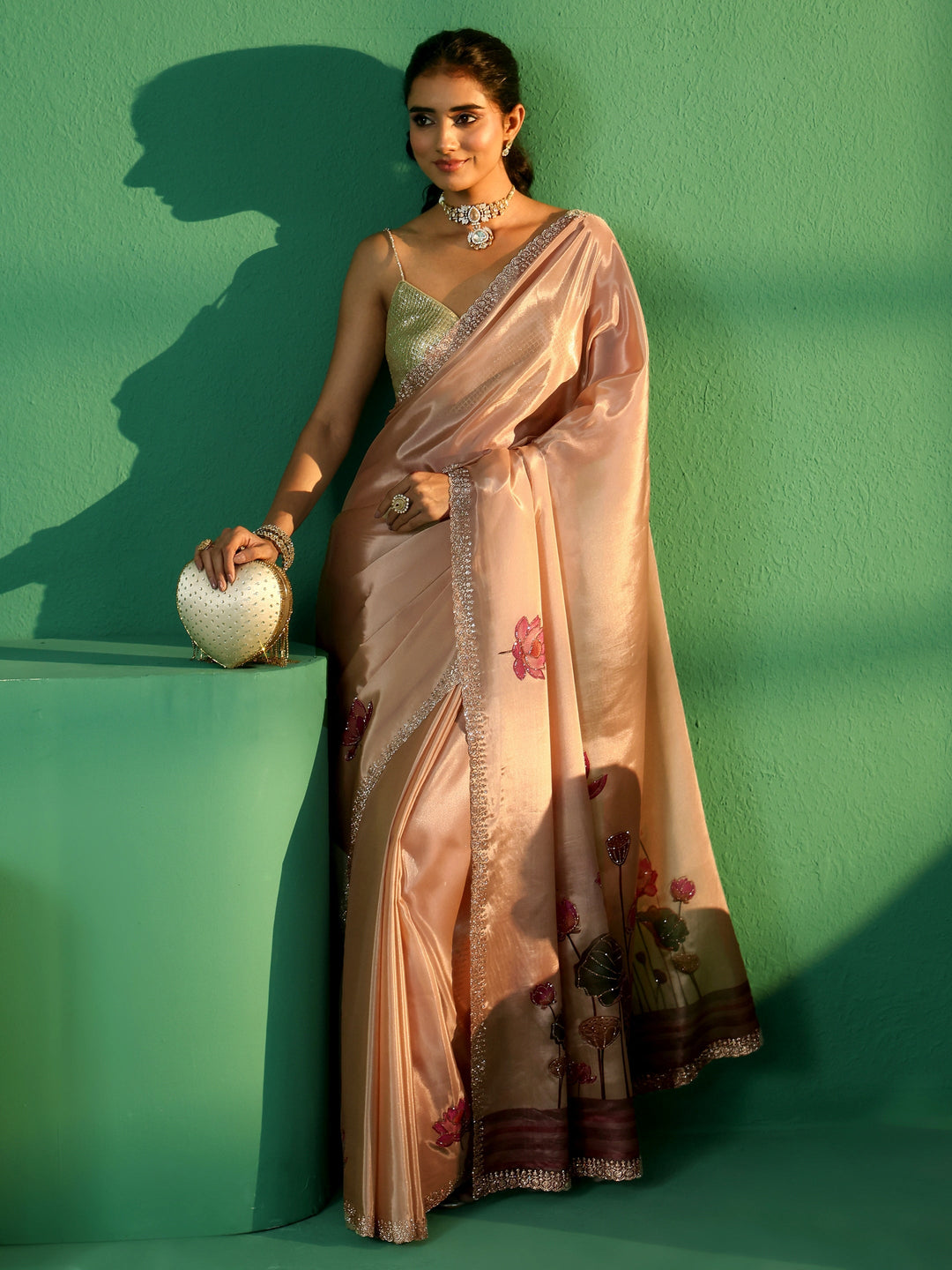 Libas Cream Lotus Printed Satin Saree with Embellished Border