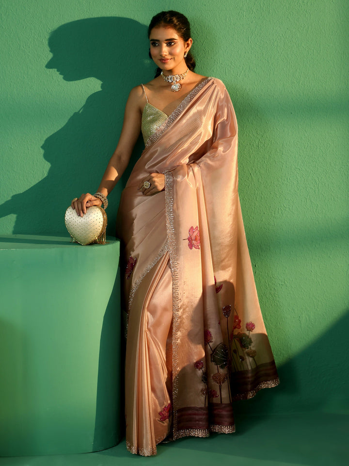 Libas Cream Lotus Printed Satin Saree with Embellished Border