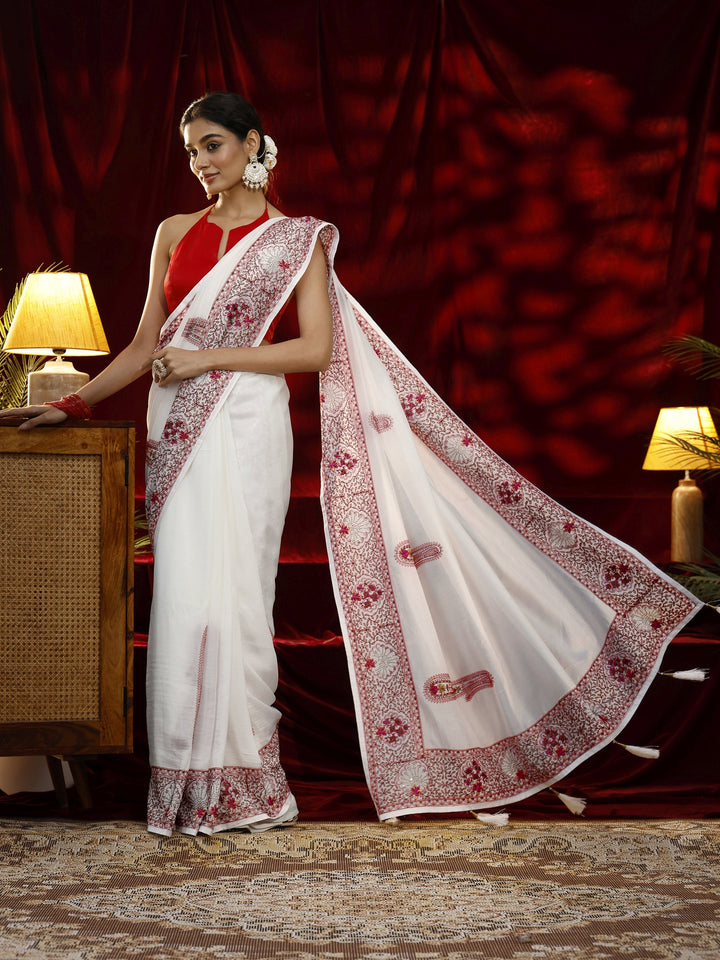 Libas Cream Paisley Embroidered Silk Blend Saree