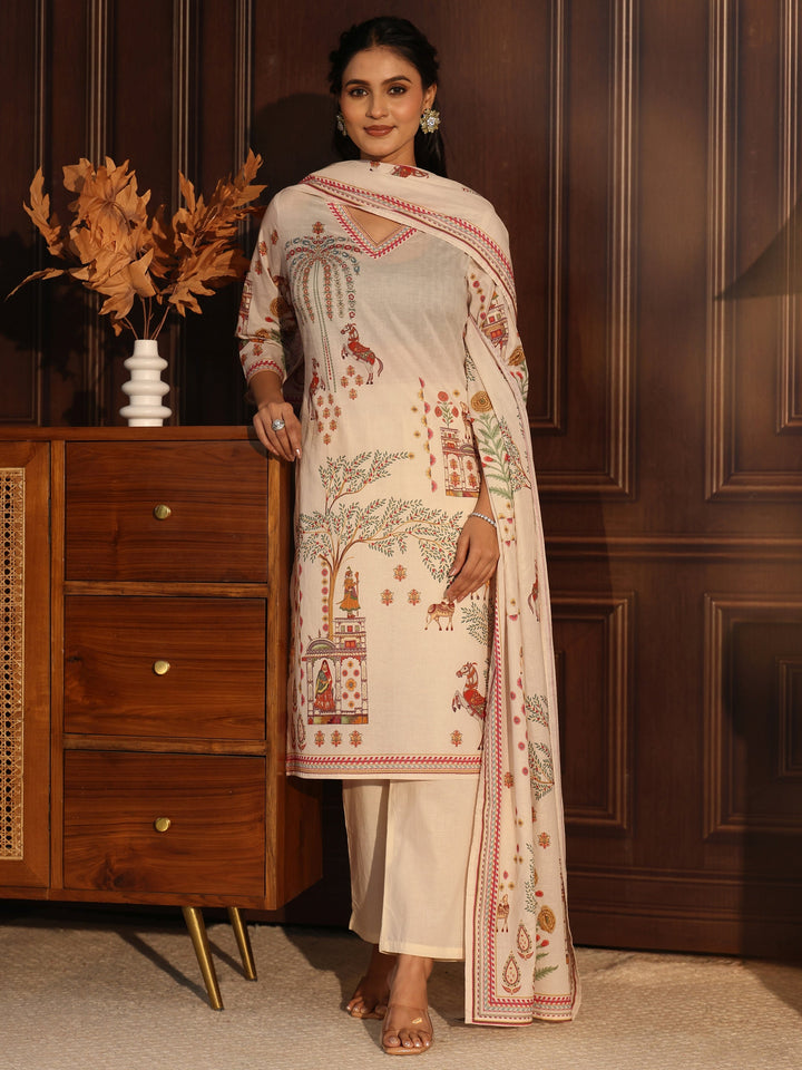 Libas Cream Pichwai Print Cotton Straight Suit Set