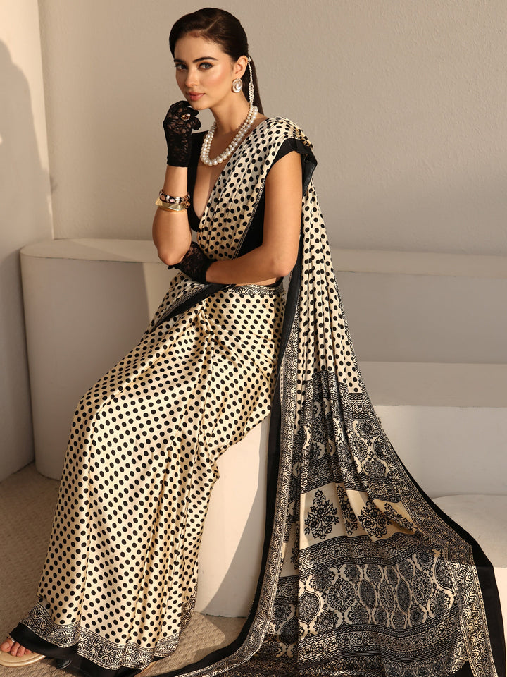 Libas Cream Polka Dot Printed Silk Blend Saree