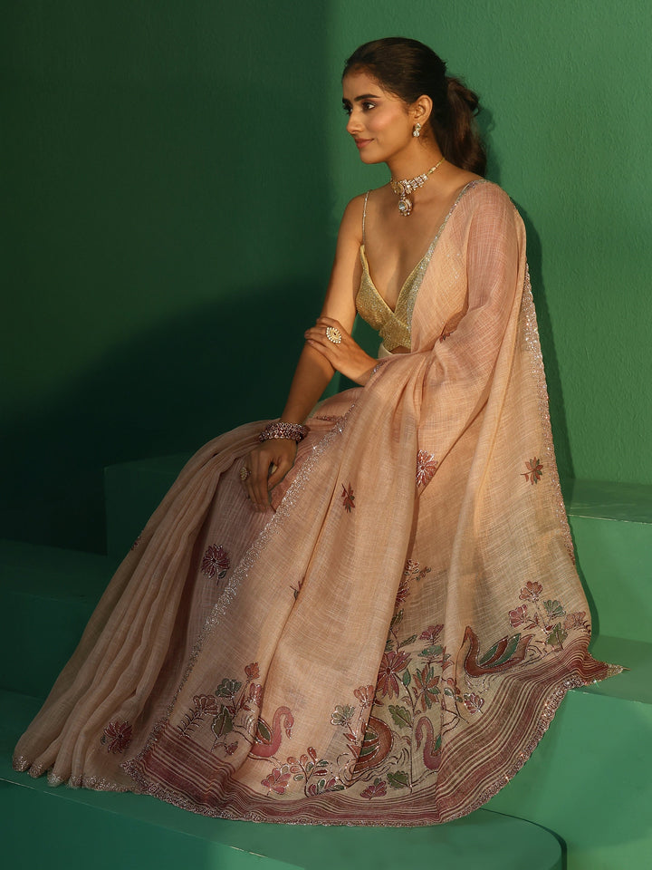 Libas Cream Printed Organza Saree with Embellished Border