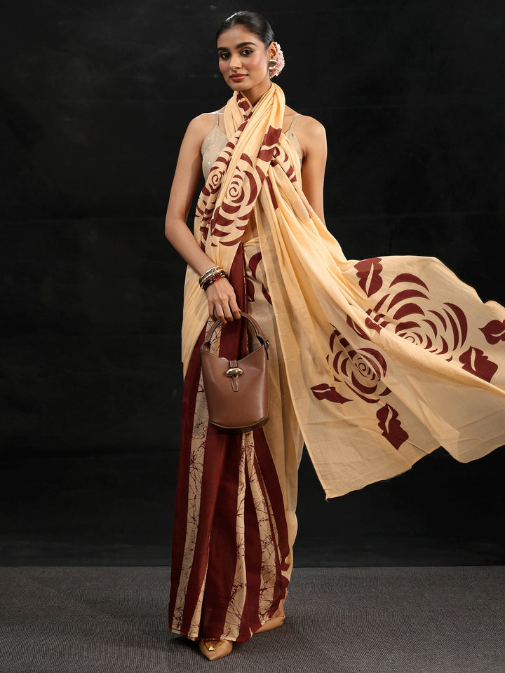 Libas Cream Rosette Print Cotton Saree