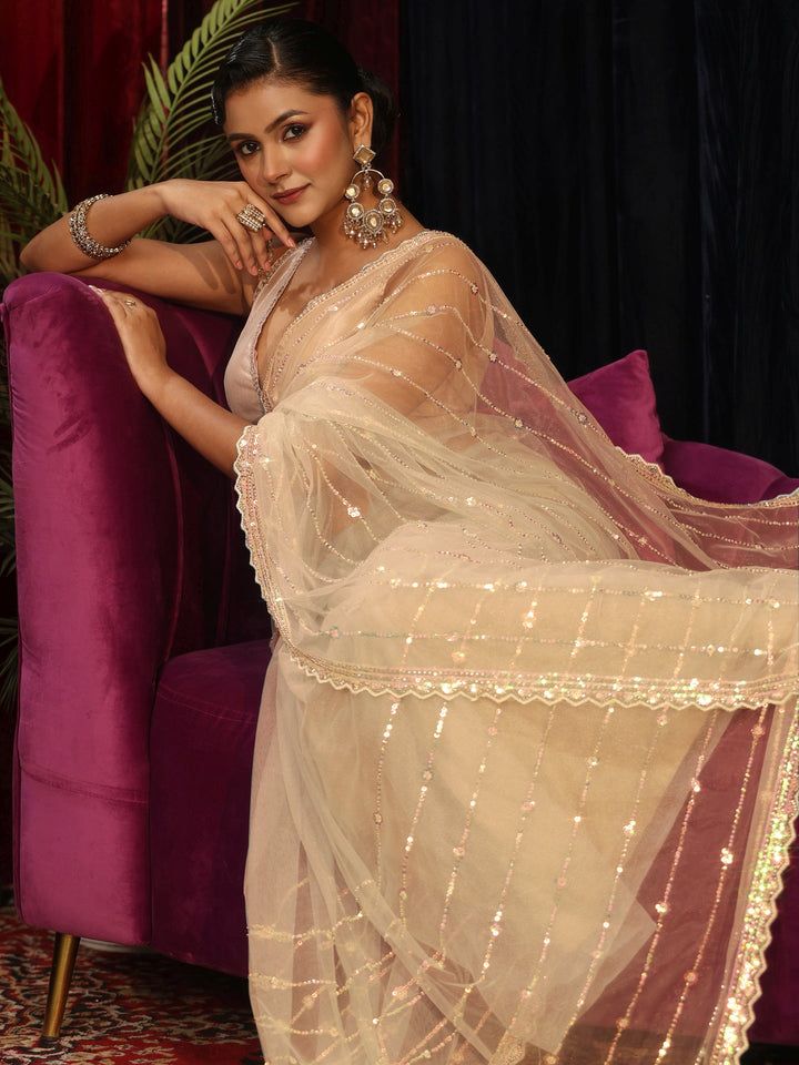 Libas Cream Sequin Embellished Net Saree