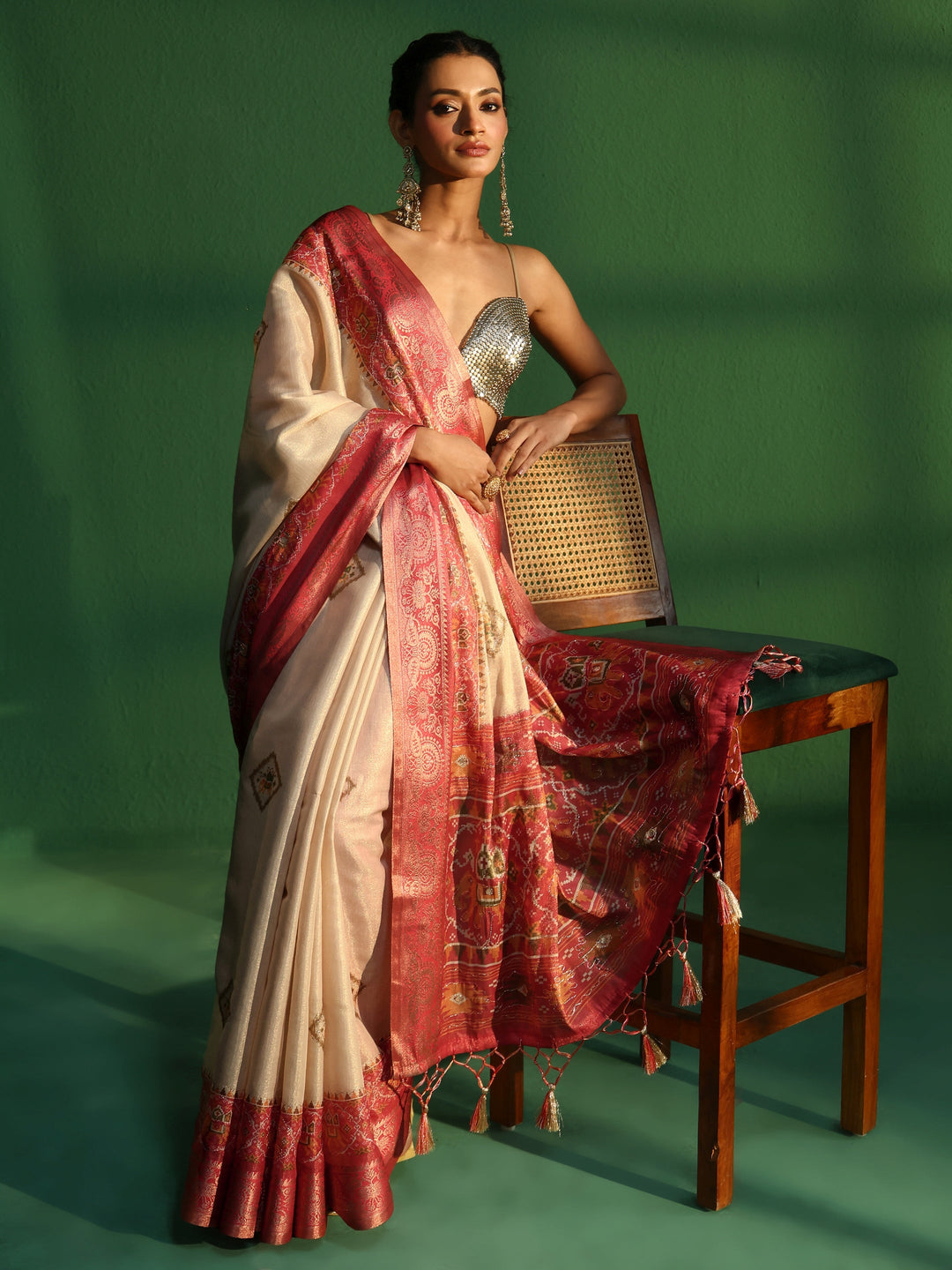 Libas Cream Silk Blend Saree with Patola Border