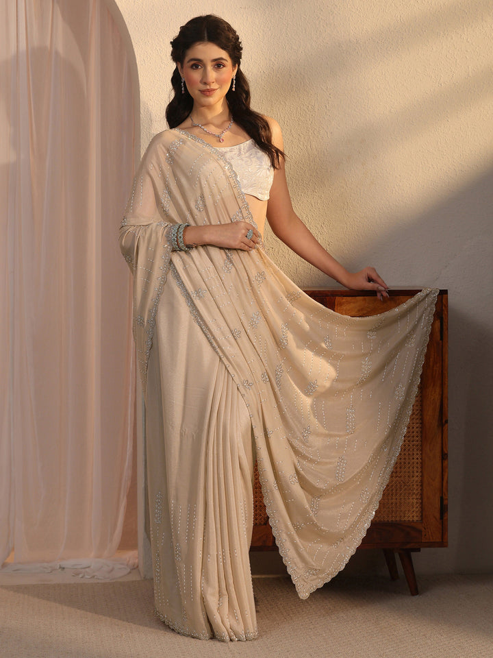 Libas Cream Stone Work Embellished Satin Saree with Scalloped Border