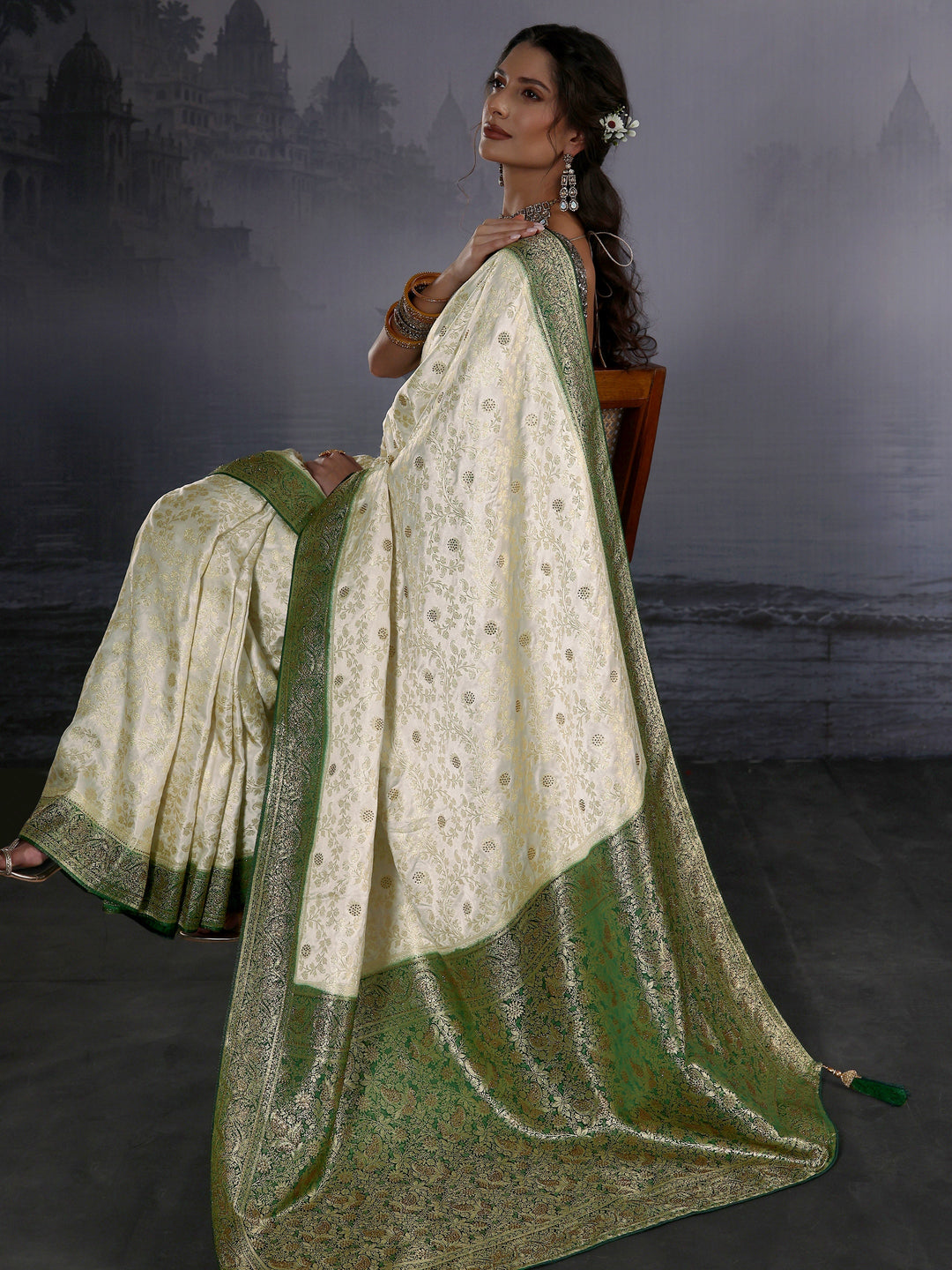 Libas Cream and Green Floral Woven Design Silk Blend Saree