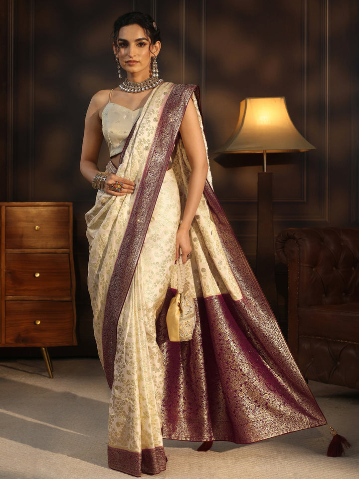 Libas Cream and Maroon Floral Woven Design Silk Blend Saree