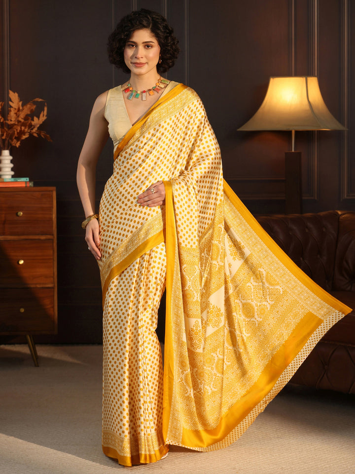 Libas Cream and Mustard Polka Dot Printed Silk Blend Saree