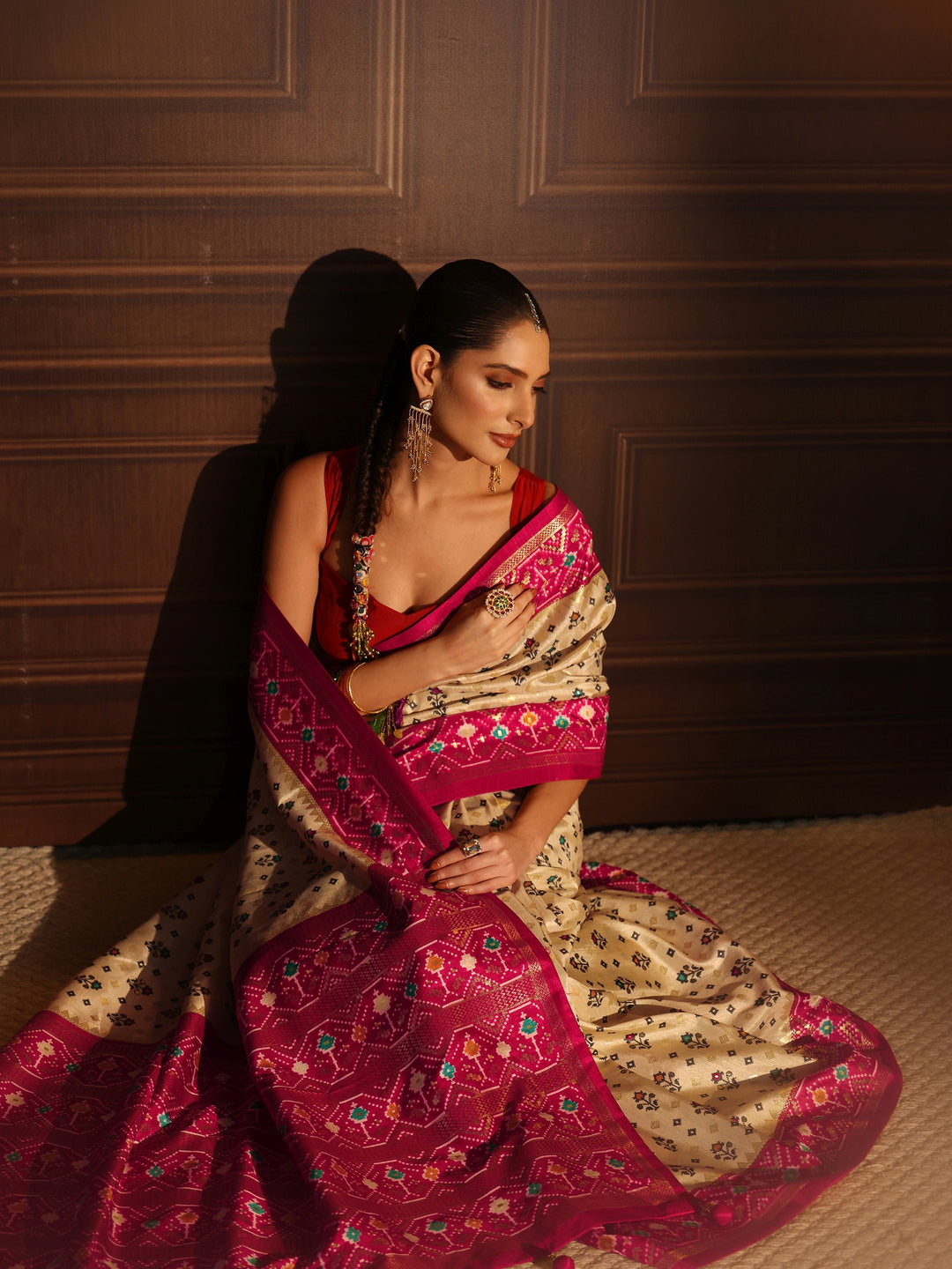 Libas Cream and Pink Pochampally Ikat Silk Blend Saree