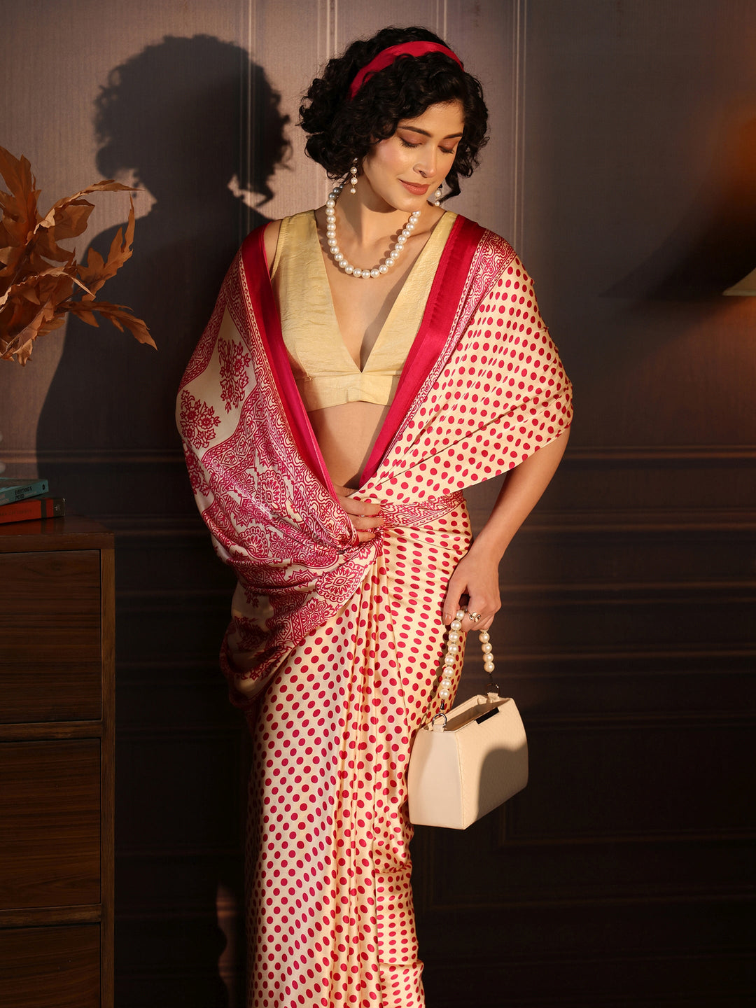Libas Cream and Pink Polka Dot Printed Silk Blend Saree