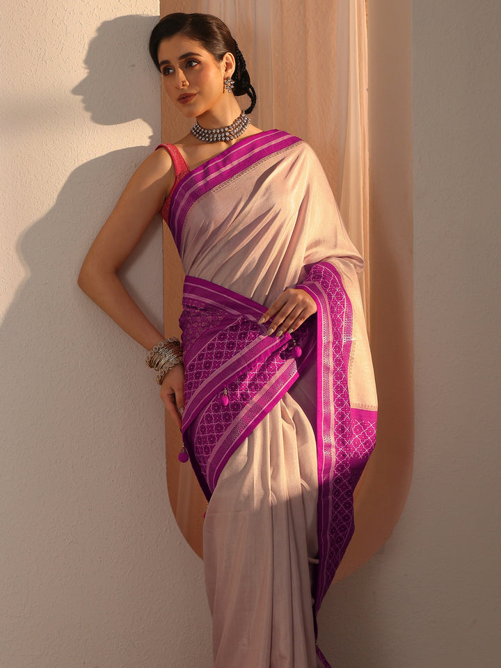 Libas Cream and Pink Silk Blend Saree with Printed Border