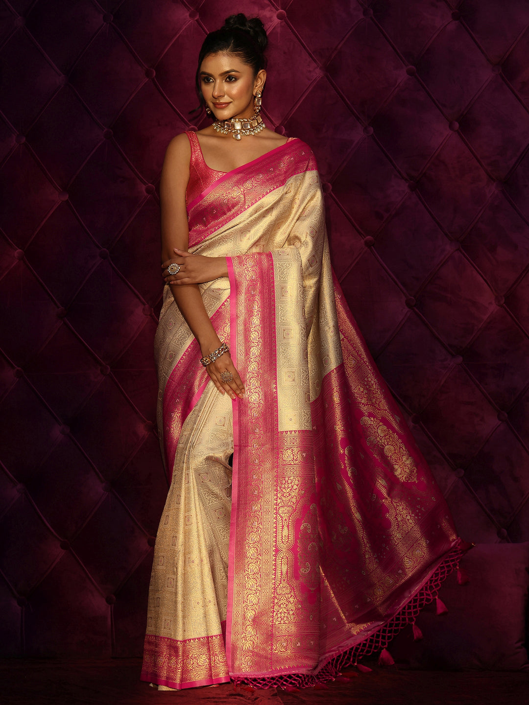 Libas Cream and Pink Woven Design Silk Blend Saree