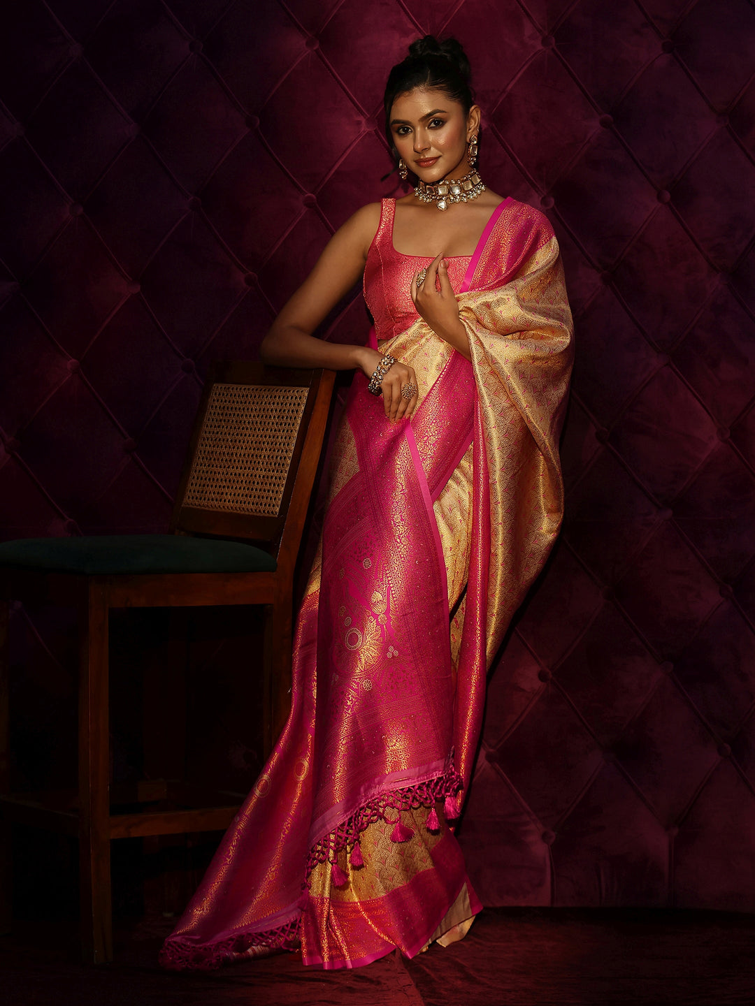 Libas Cream and Pink Woven Design Silk Blend Tassel Saree