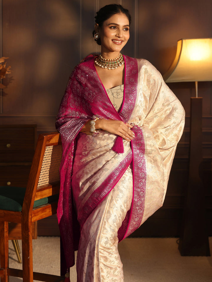 Libas Cream and Rani Pink Woven Design Satin Saree