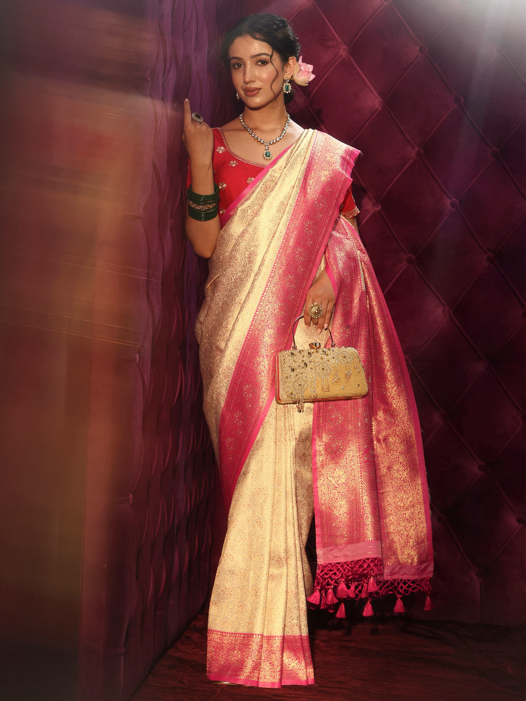 Libas Cream and Red Floral Woven Design Silk Blend Tassel Saree