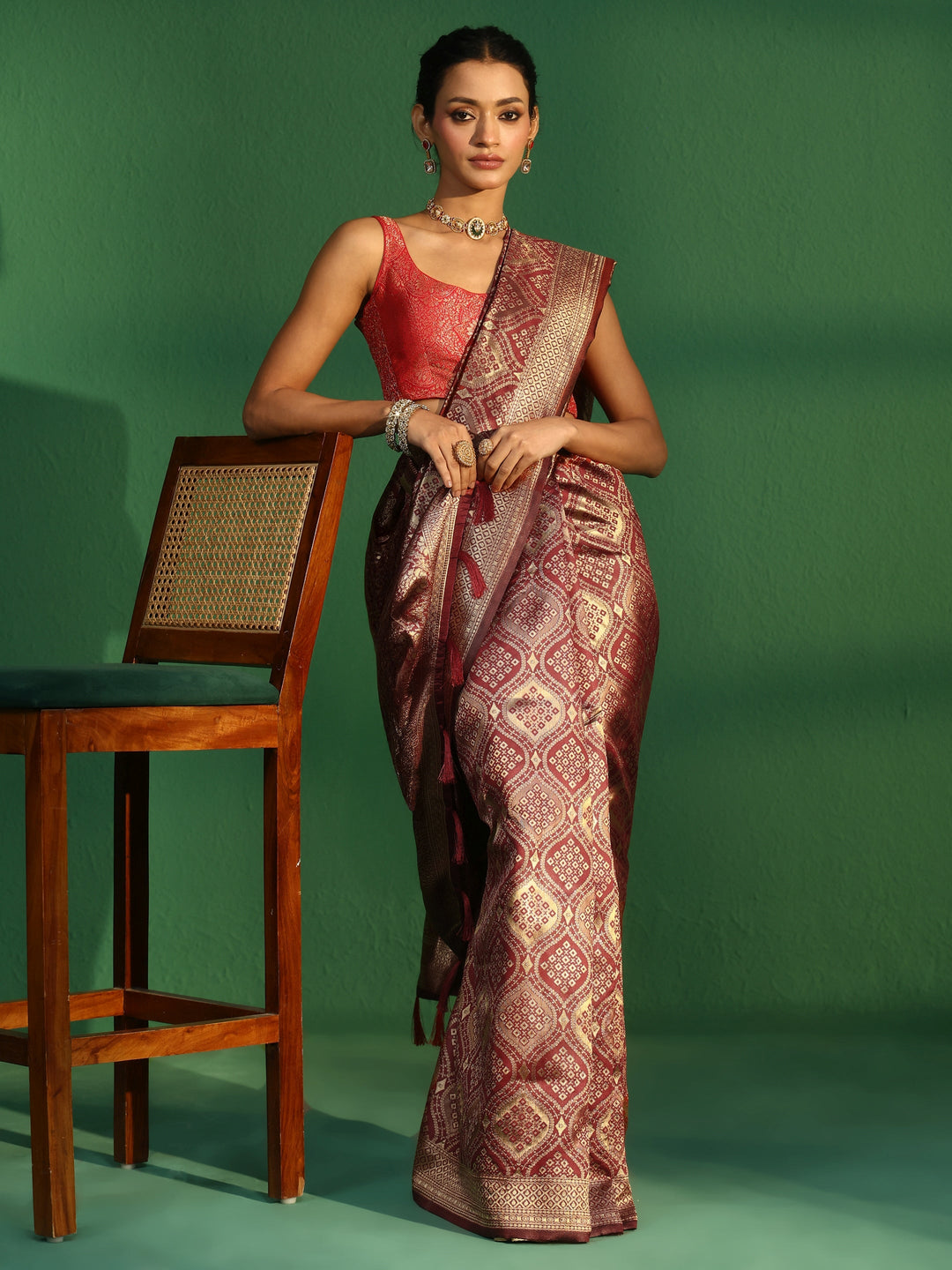 Libas Crimson Red Brocade Saree