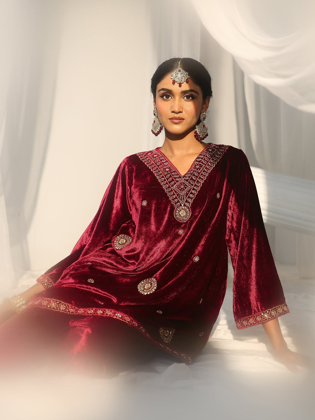Libas Crimson Red Emellished Velvet Co-Ord Set