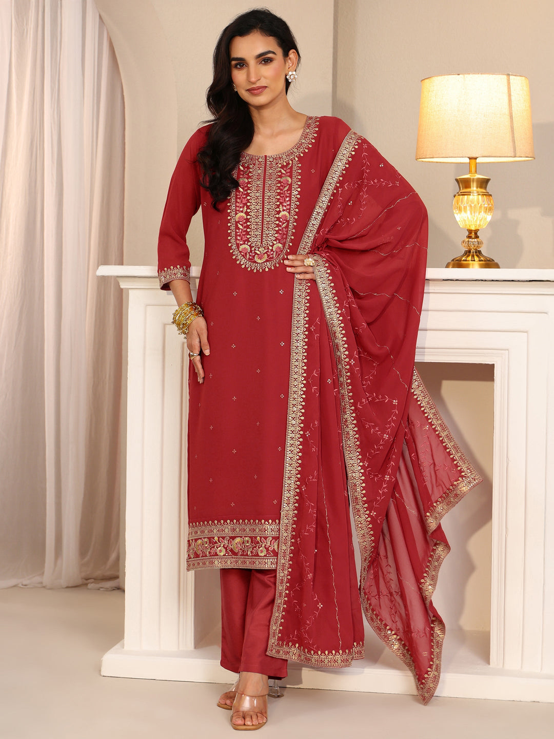 Libas Crimson Red Floral Embellished Georgette Straight Suit Set