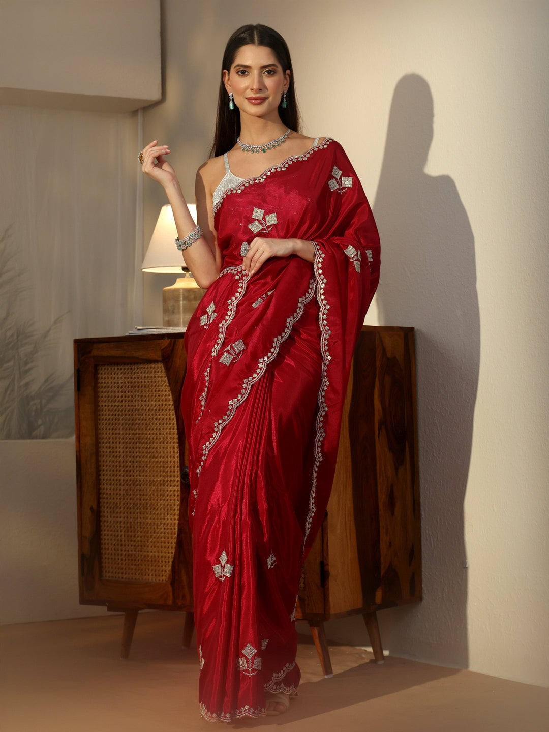 Libas Crimson Red Floral Embellished Satin Saree