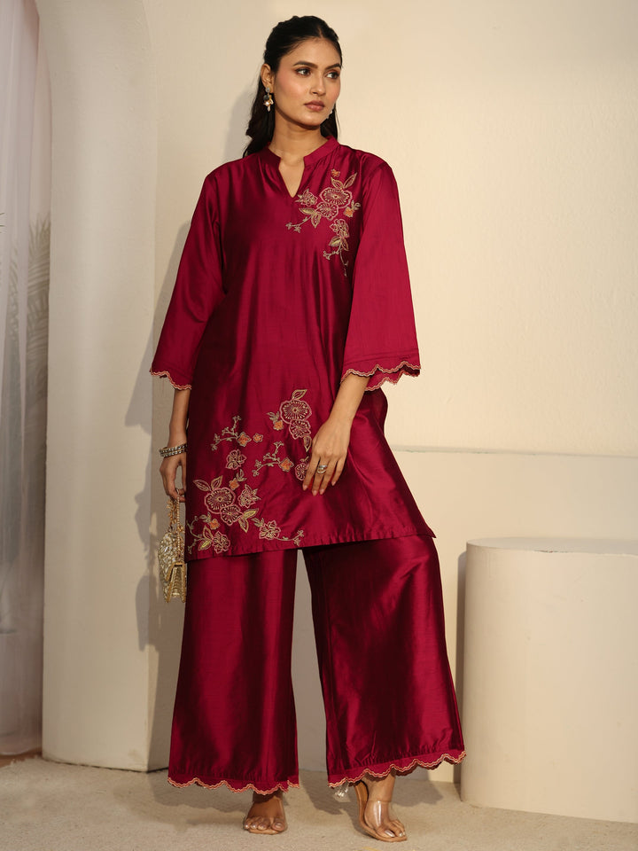 Libas Crimson Red Floral Embroidered Silk Blend Co-Ord Set