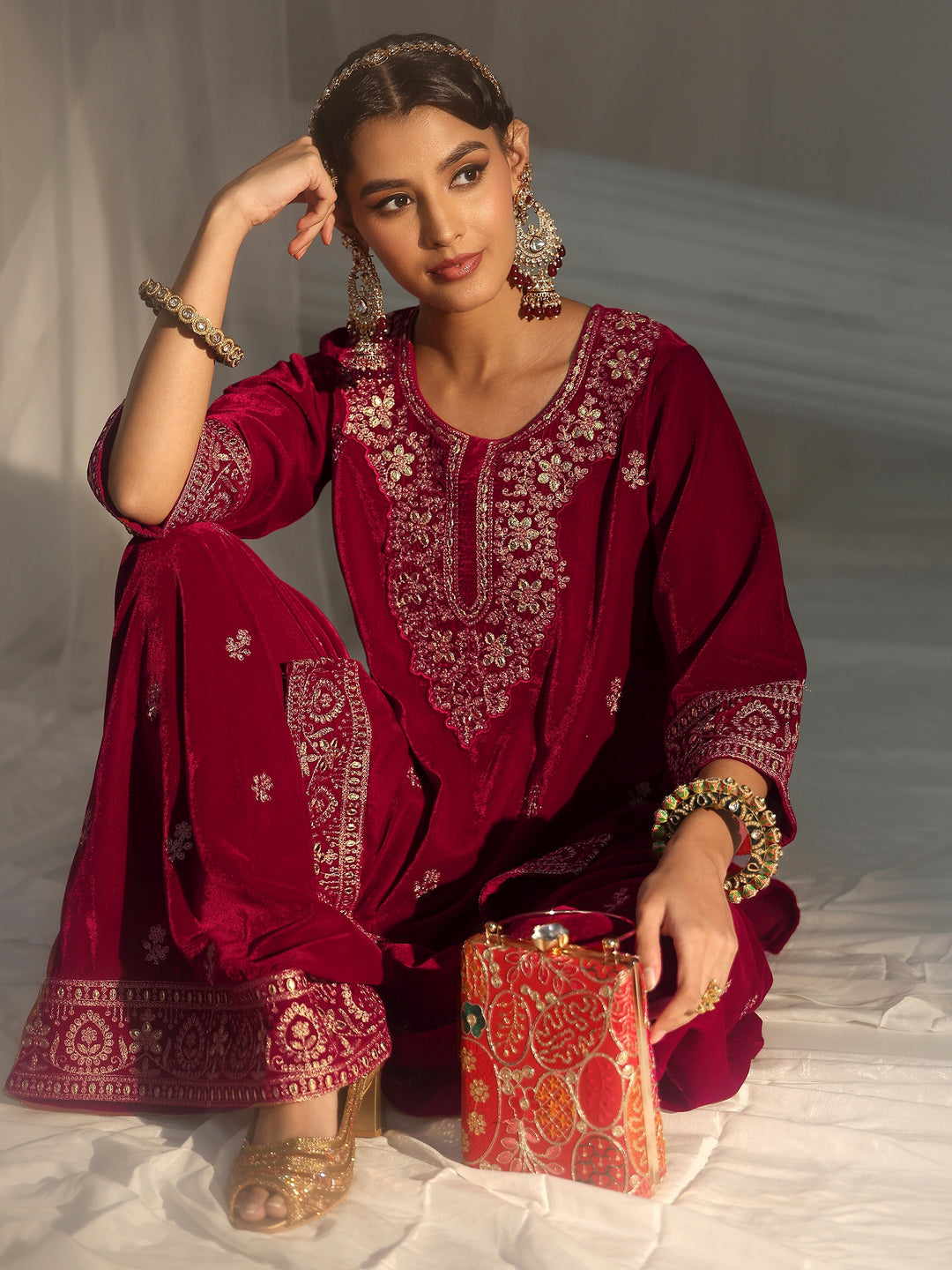 Libas Crimson Red Floral Embroidered Velvet Co-Ord Set