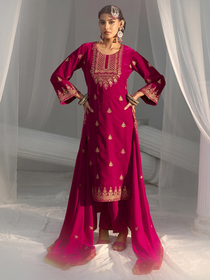 Libas Crimson Red Floral Embroidered Velvet Straight Suit Set