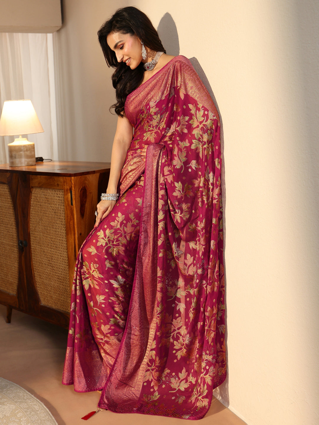 Libas Crimson Red Floral Printed Silk Blend Saree with Woven Border