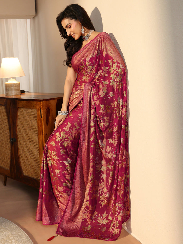 Libas Crimson Red Floral Printed Silk Blend Saree with Woven Border