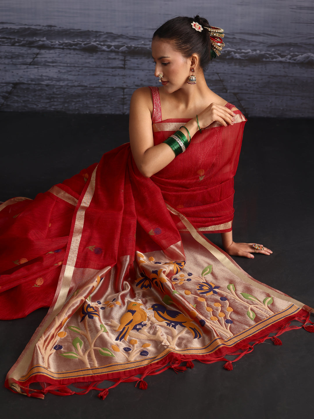 Libas Crimson Red Floral Woven Design Cotton Blend Saree