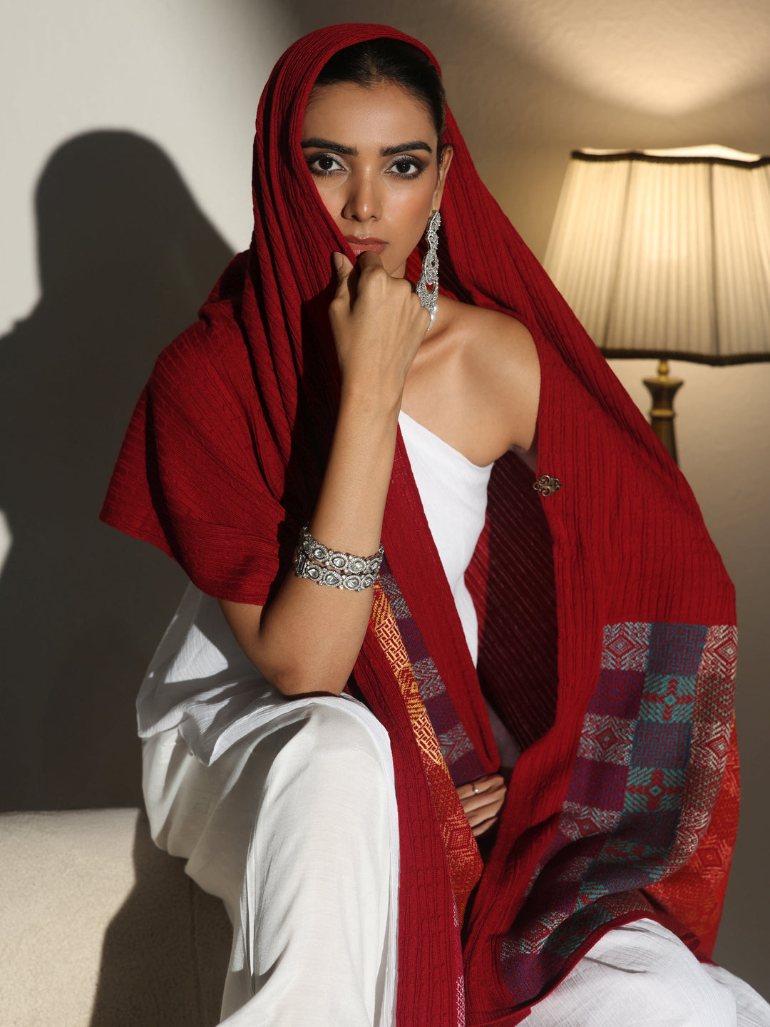 Libas Crimson Red Geometric Knitted Acrylic Wrap Shawl