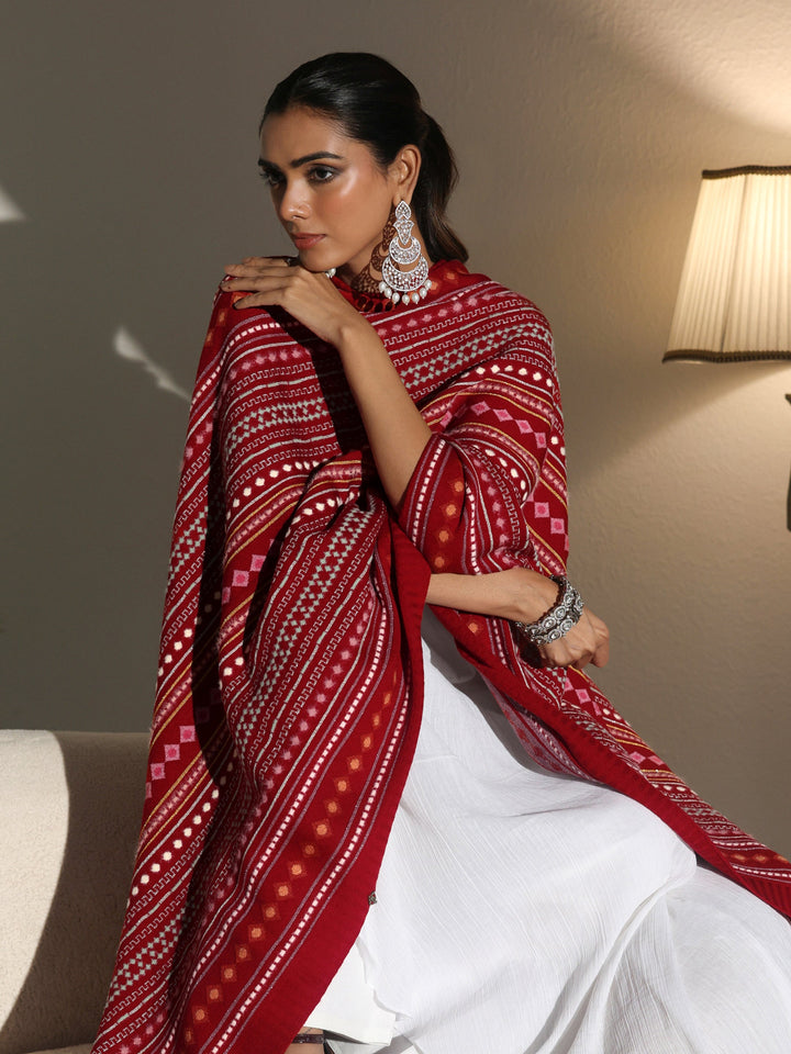 Libas Crimson Red Geometric Knitted Acrylic Wrap Shawl