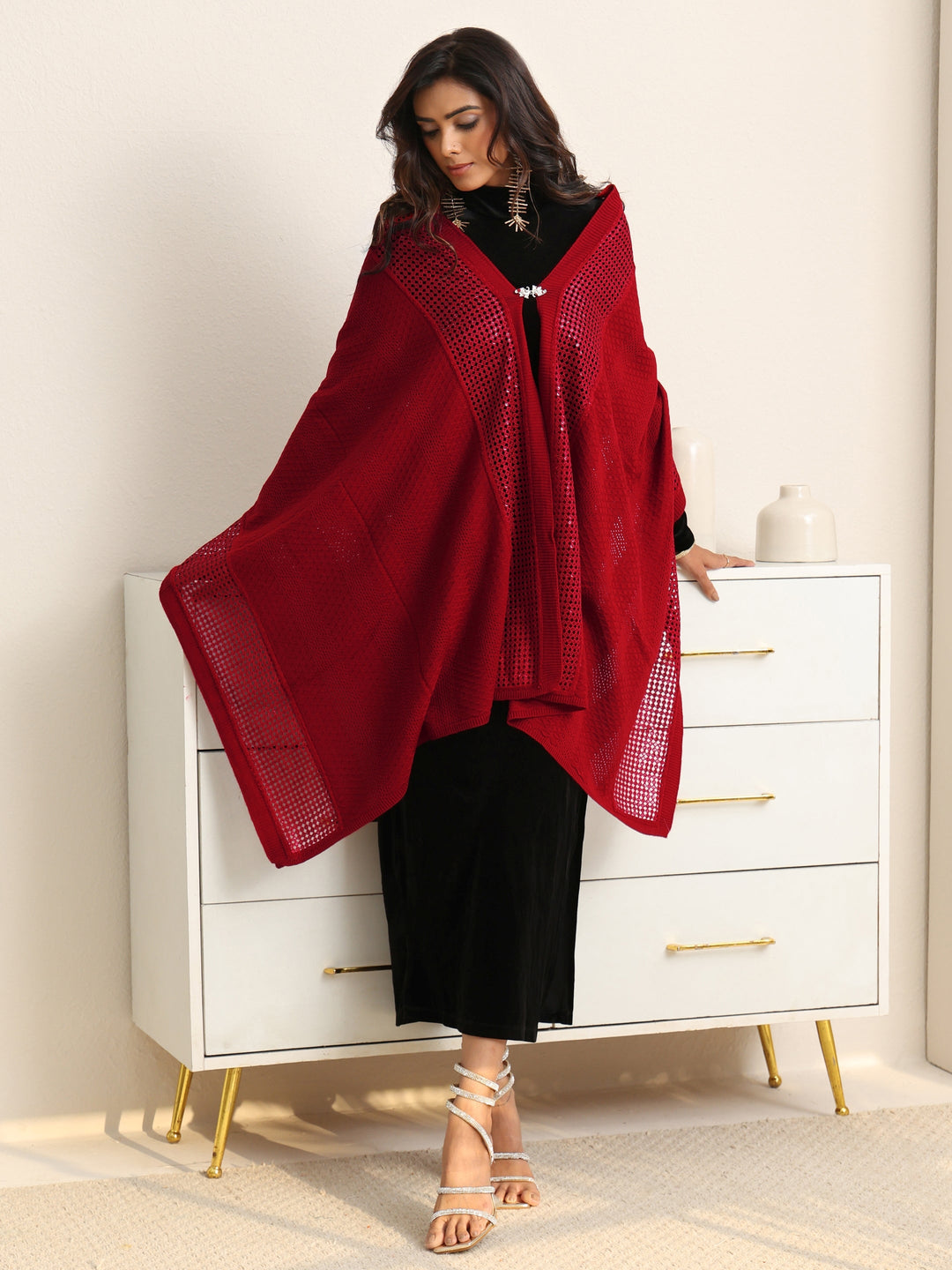 Libas Crimson Red Mesh Knitted Acrylic Wrap Shawl