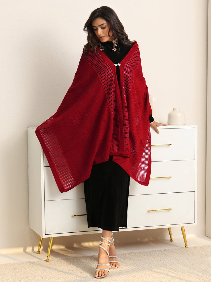 Libas Crimson Red Mesh Knitted Acrylic Wrap Shawl